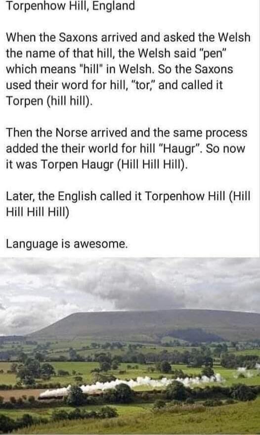 Torpenhow Hill England When the Saxons arrived and asked the Welsh the name of that hill the Welsh said pen which means hill in Welsh So the Saxons used their word for hill tor and called it Torpen hill hill Then the Norse arrived and the same process added the their world for hill Haugr So now it was Torpen Haugr Hill Hill Hill Later the English called it Torpenhow Hill Hill Hill Hill Hilly Langu