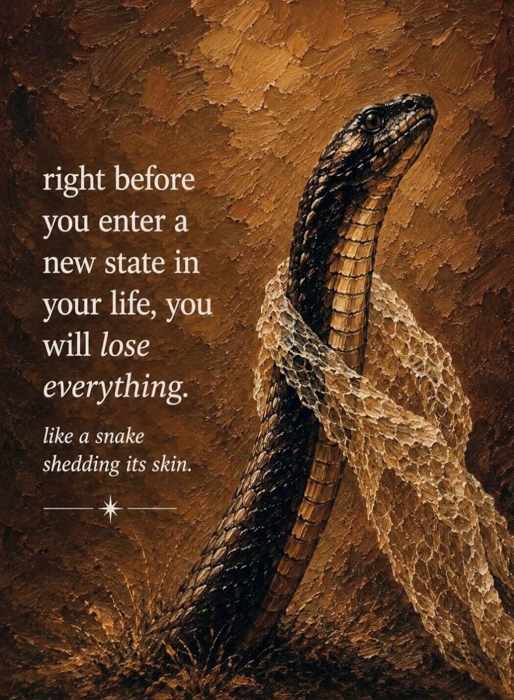 right before you enter a new state in your life, you will lose everything. like a snake shedding its skin.