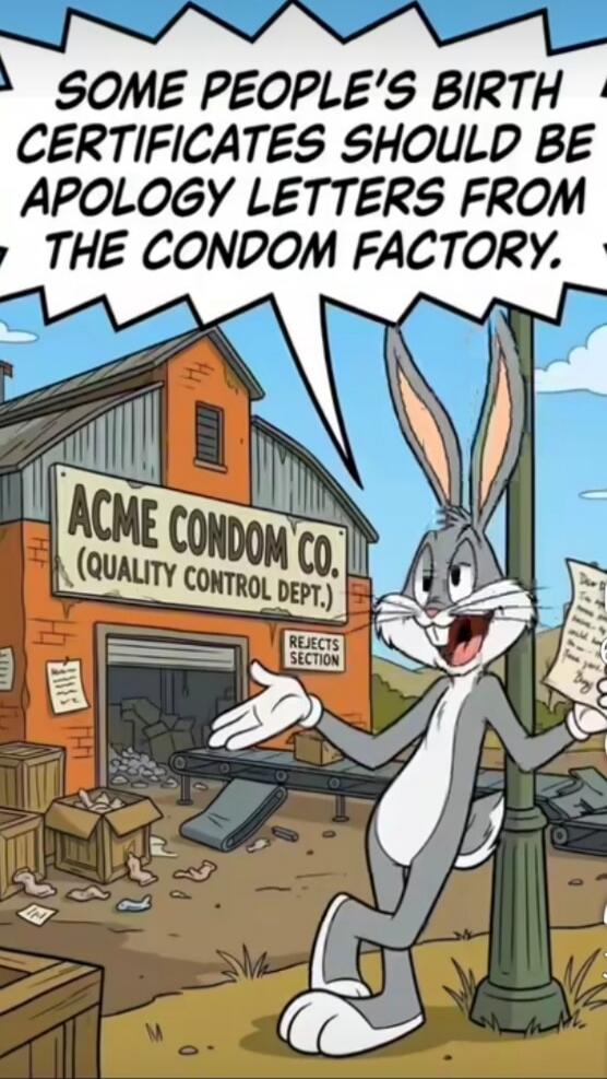 SOME PEOPLE'S BIRTH CERTIFICATES SHOULD BE APOLOGY LETTERS FROM THE CONDOM FACTORY. ACME CONDOM CO. (QUALITY CONTROL DEPT.) REJECTS SECTION.