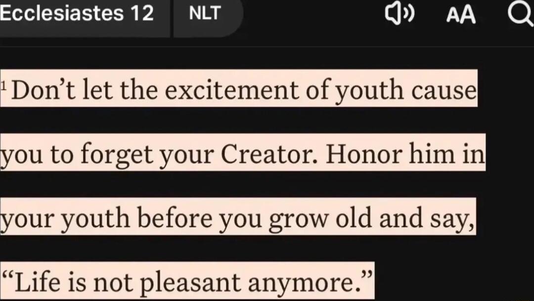 Ecclesiastes 12 NLT ad aAA Q Dont let the excitement of youth causel you to forget your Creator Honor him inf your youth before you grow old and say Life is not pleasant anymore