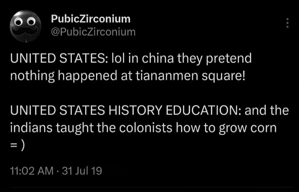 B o Pubiczirconium PubicZirconium UNITED STATES lol in china they pretend IGIEA El o T ER ED N R L UNITED STATES HISTORY EDUCATION and the indians taught the colonists how to grow corn 1102 AM 31 Jul 19