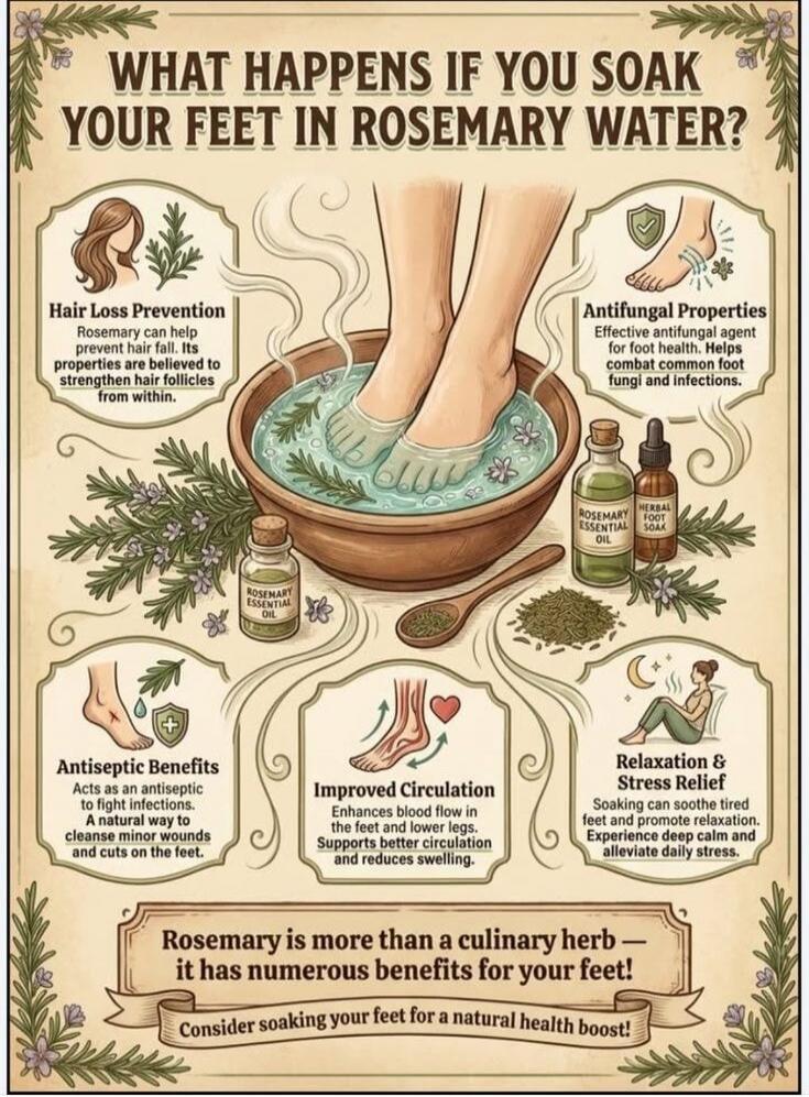 WHAT HAPPENS IF YOU SOAK YOUR FEET IN ROSEMARY WATER? 
Hair Loss Prevention: Rosemary can help prevent hair fall. Its believed to strengthen hair follicles from within. 
Antiseptic Benefits: Acts as an antiseptic to fight infections and cleanses minor wounds or cuts. 
Improved Circulation: Enhances blood flow in the feet and lower legs. Supports be