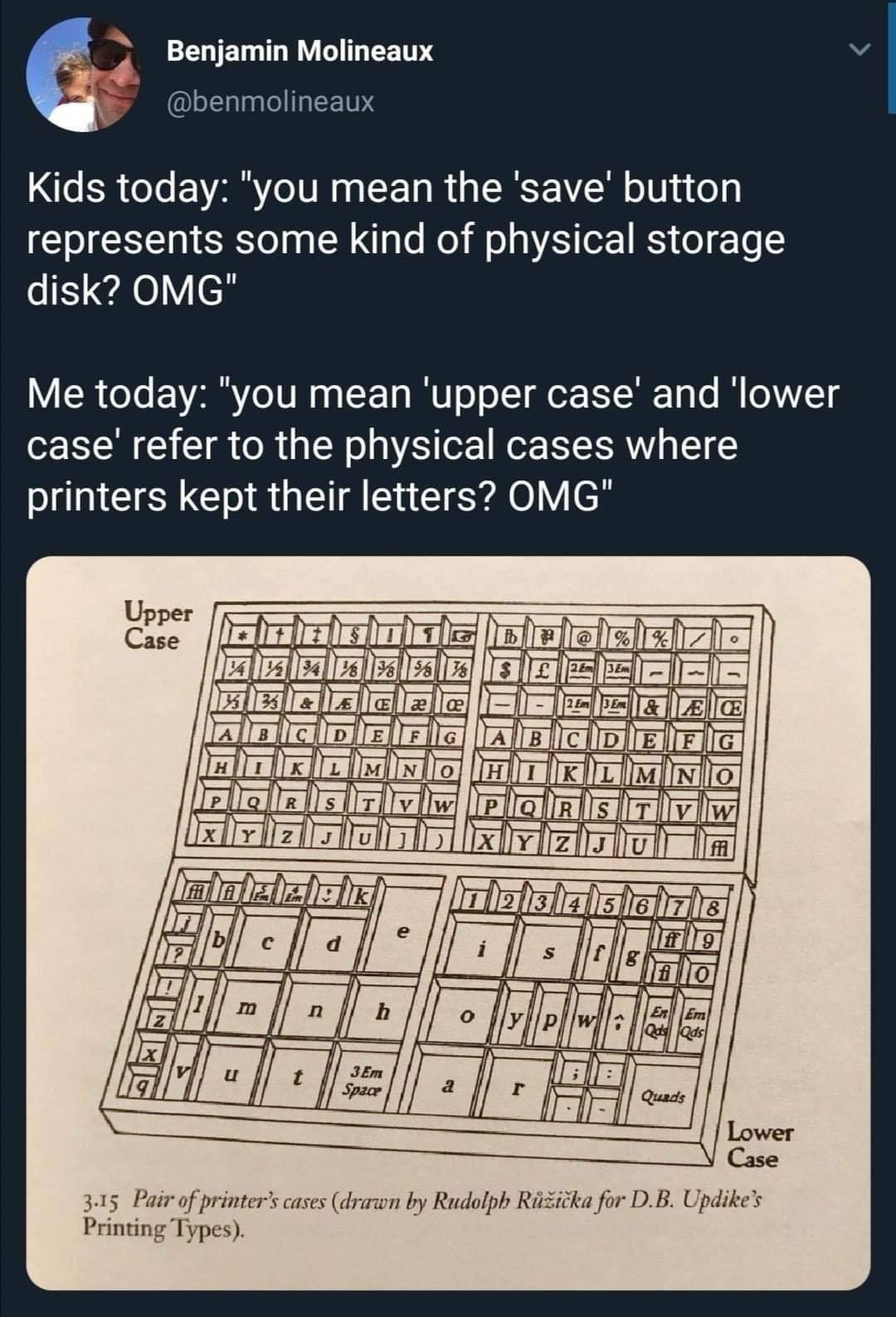 Benjamin Molineaux 4 slalpalolIaTFT0MS Kids today you mean the save button represents some kind of physical storage disk OMG Me today you mean upper case and lower case refer to the physical cases where printers kept their letters OMG 315 Pair of printers cases drawn by Rudolph Rizicka for DB Updikes Printing Types