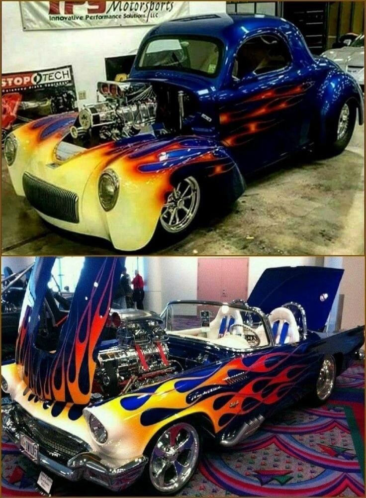 IPS Motorsports Innovative Performance Solutions LLC STOPOTECH. Two custom hot rod cars with flame paint jobs, showcasing powerful engines and classic designs.