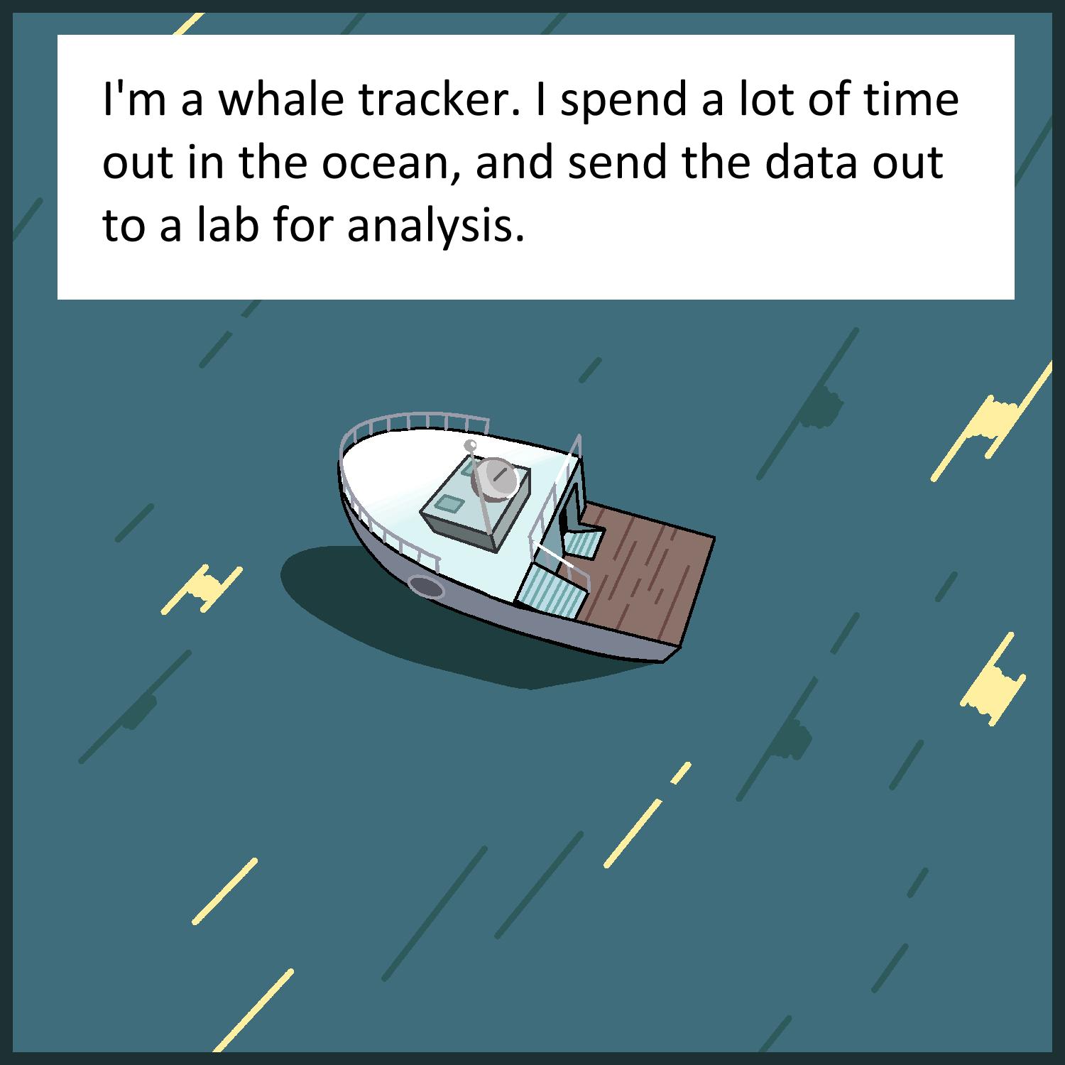 Im a whale tracker spend a lot of time out in the ocean and send the data out to a lab for analysis