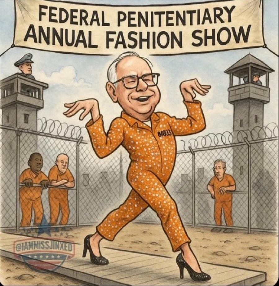 FEDERAL PENITENTIARY ANNUAL FASHION SHOW. A man resembling Warren Buffett, wearing glasses, white hair, and an orange prison jumpsuit with the number 61933, walks on a runway in black high heels. He is smiling and posing. In the background, there are prison fences with barbed wire, guard towers, and other prisoners watching him.