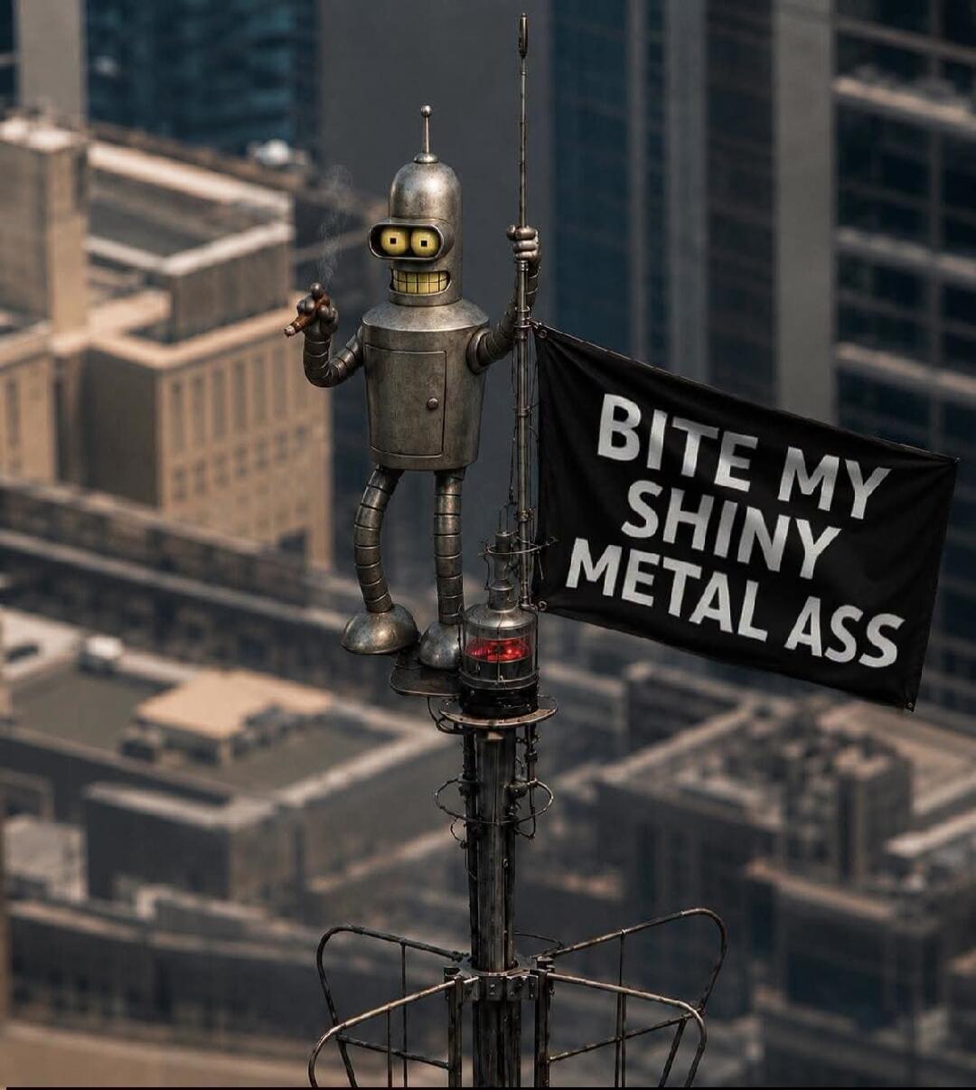 Bender from Futurama stands on top of a skyscraper, smoking a cigar and holding a flag that reads: BITE MY SHINY METAL ASS