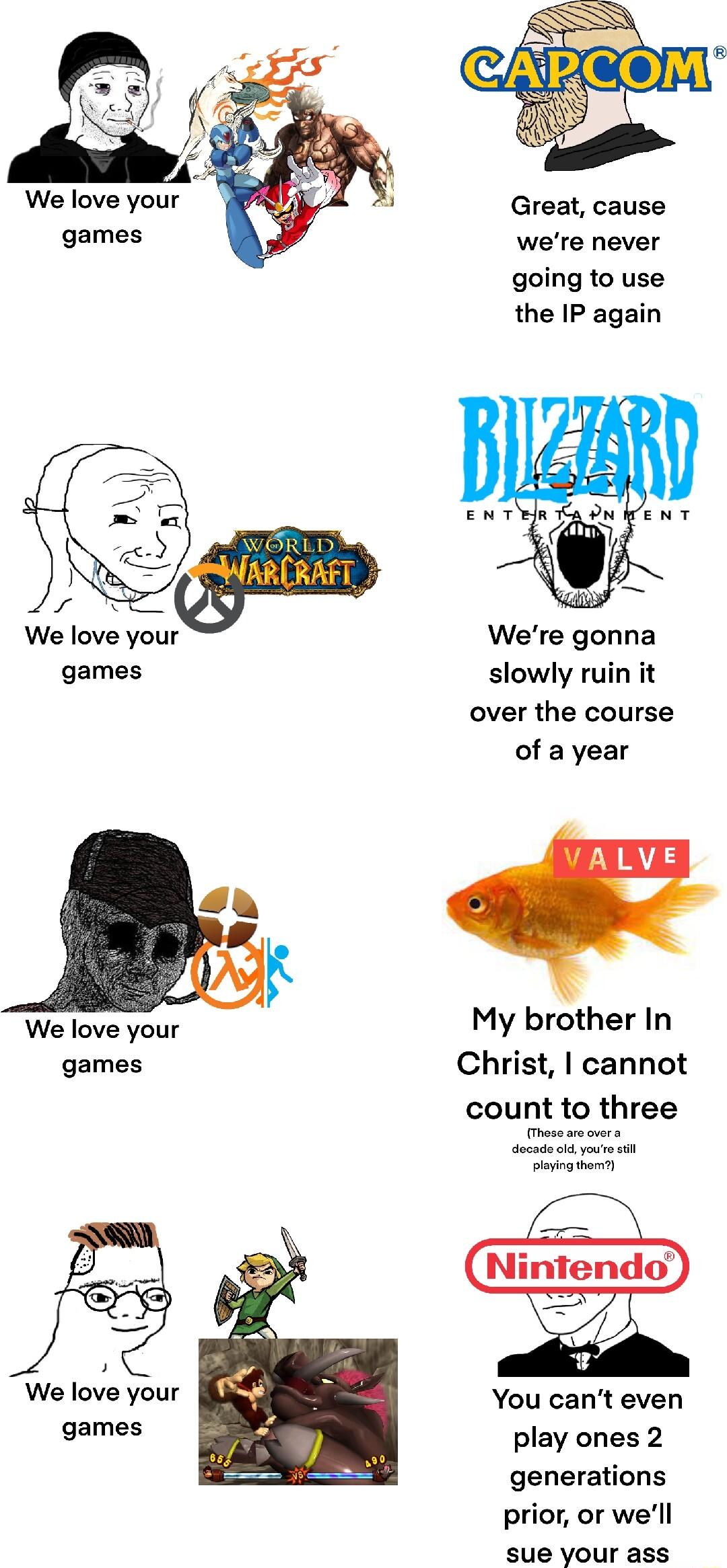 We love your games We love your games We love your games We love your games Great cause were never going to use the IP again Were gonna slowly ruin it over the course of ayear My brother In Christ cannot count to three esewecrars You cant even play ones 2 generations prior or well sue your ass