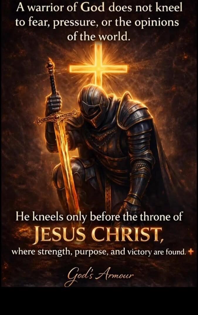 A warrior of God does not kneel to fear, pressure, or the opinions of the world. He kneels only before the throne of JESUS CHRIST, where strength, purpose, and victory are found. God's Armour