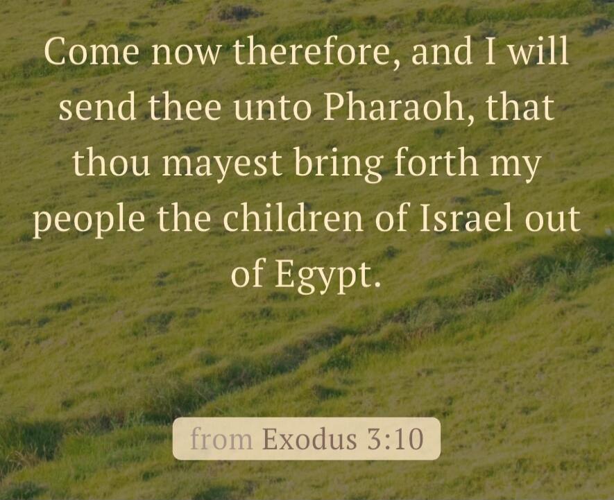 Come now therefore, and I will send thee unto Pharaoh, that thou mayest bring forth my people the children of Israel out of Egypt. from Exodus 3:10