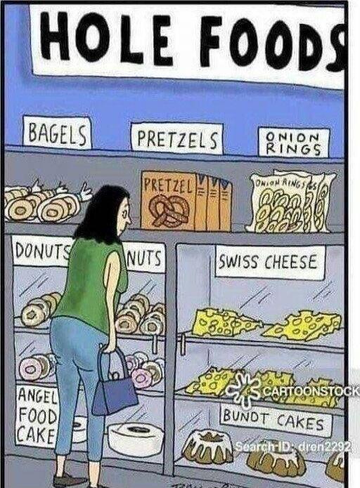 HOLE FOODS BAGELS PRETZELS ONION RINGS DONUTS NUTS SWISS CHEESE ANGEL FOOD CAKE BUNDT CAKES
