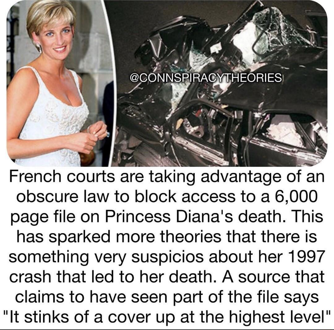 i Z 3 i French courts are taking advantage of an obscure law to block access to a 6000 page file on Princess Dianas death This has sparked more theories that there is something very suspicios about her 1997 crash that led to her death A source that claims to have seen part of the file says It stinks of a cover up at the highest level