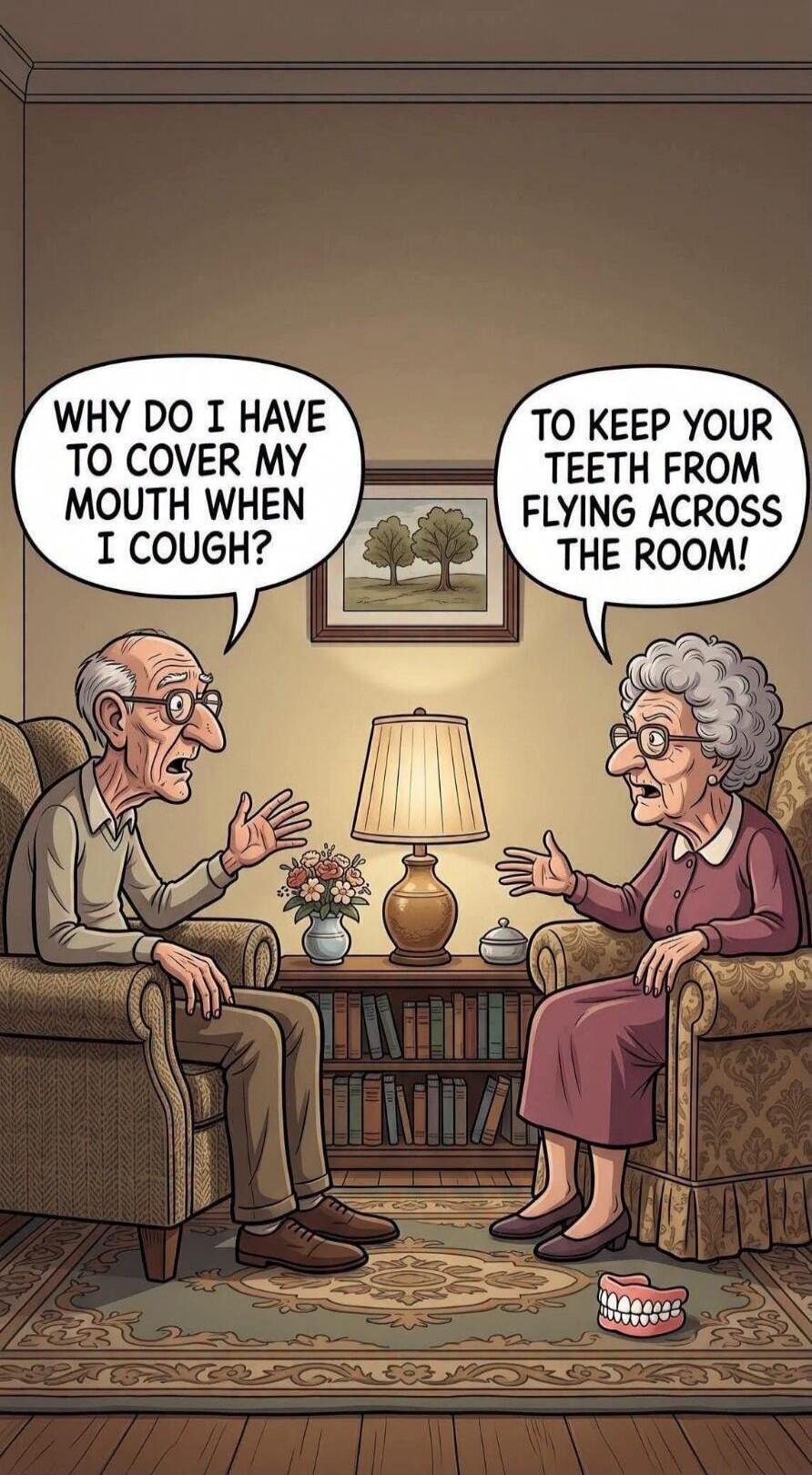 WHY DO I HAVE TO COVER MY MOUTH WHEN I COUGH? TO KEEP YOUR TEETH FROM FLYING ACROSS THE ROOM!