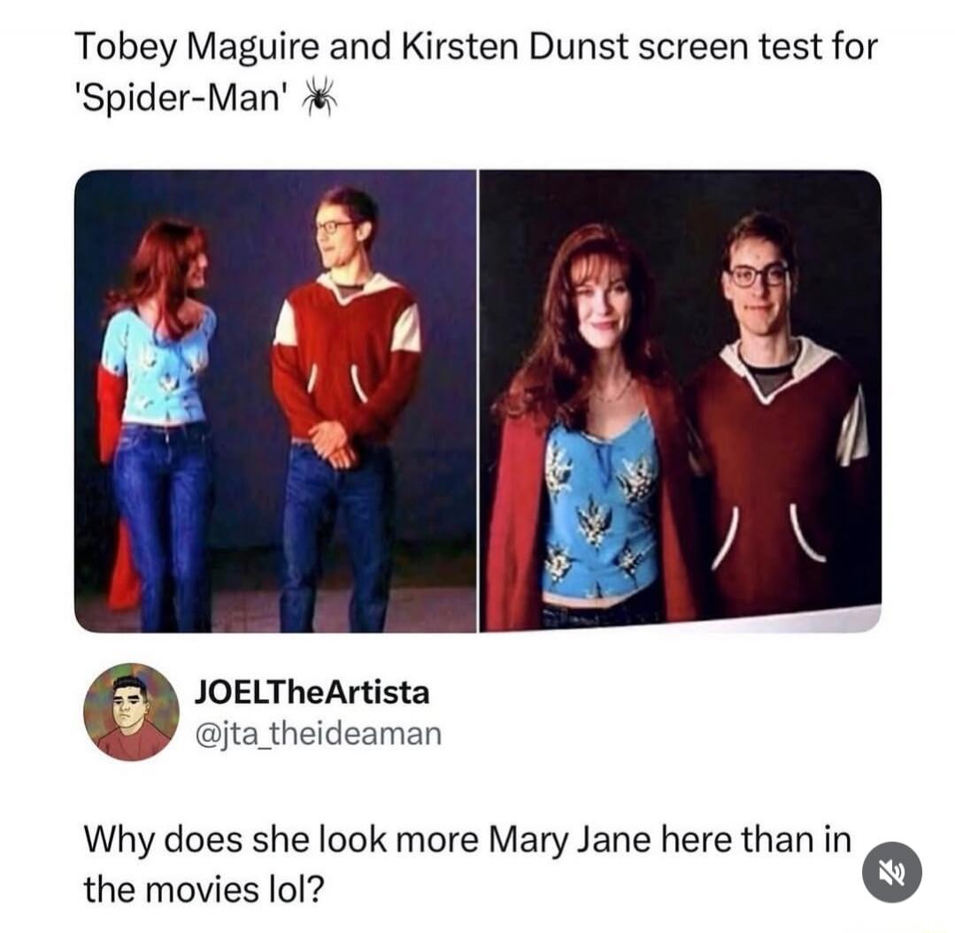 Tobey Maguire and Kirsten Dunst screen test for 'Spider-Man' JOELTheArtista @jta_theideaman Why does she look more Mary Jane here than in the movies lol?