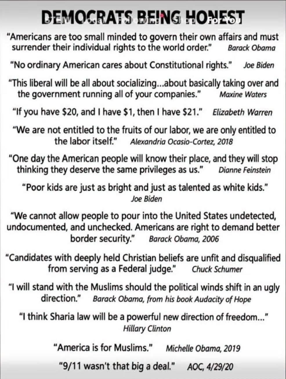 DEMOCRATS BEING HONEST. Americans are too small minded to govern their own affairs and must surrender their individual rights to the world order. Barack Obama. No ordinary American cares about Constitutional rights. Joe Biden. This liberal will be all about socializing...about basically taking over and the government running all of your companies. 