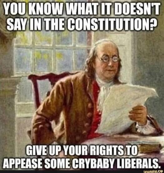 YOU KNOW WHAT IT DOESN'T SAY IN THE CONSTITUTION? GIVE UP YOUR RIGHTS TO APPEASE SOME CRYBABY LIBERALS.