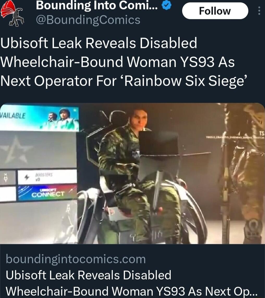 Bounding Into Comi BoundingComics Ubisoft Leak Reveals Disabled Wheelchair Bound Woman YS93 As Next Operator For Rainbow Six Siege boundingintocomicscom Ubisoft Leak Reveals Disabled Wheelchair Bound Woman YS93 As Next Op