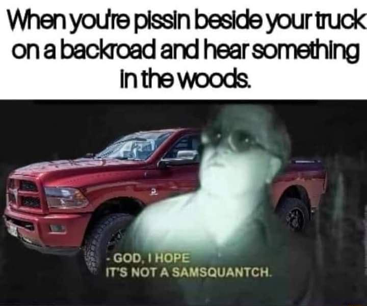 When youre pissin beside yourt on a backroad and hear something GOD HOPE ITS NOT A SAMSQUANTCH