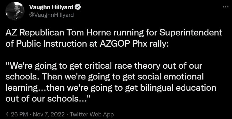 Vaughn Hilyard AZ Republican Tom Horne running for Superintendent of Public Instruction at AZGOP Phx rally Were going to get critical race theory out of our schools Then were going to get social emotional learningthen were going to get bilingual education out of our schools