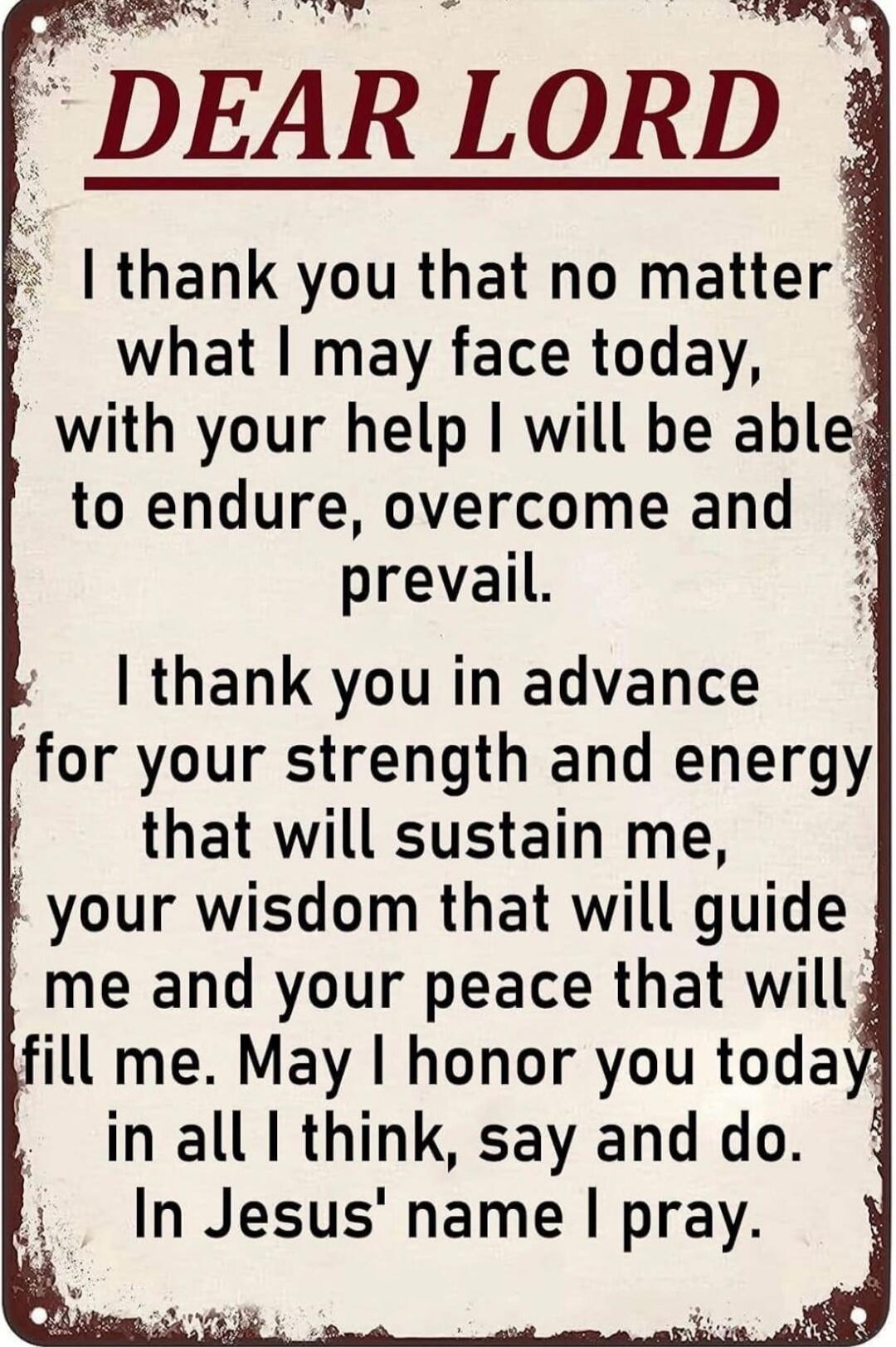 DEAR LORD
I thank you that no matter what I may face today, with your help I will be able to endure, overcome and prevail.
I thank you in advance for your strength and energy that will sustain me, your wisdom that will guide me and your peace that will fill me. May I honor you today in all I think, say and do. In Jesus' name I pray.