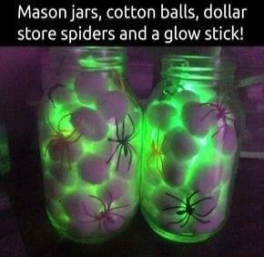 Mason jars cotton balls dollar store spiders and a glow stick o