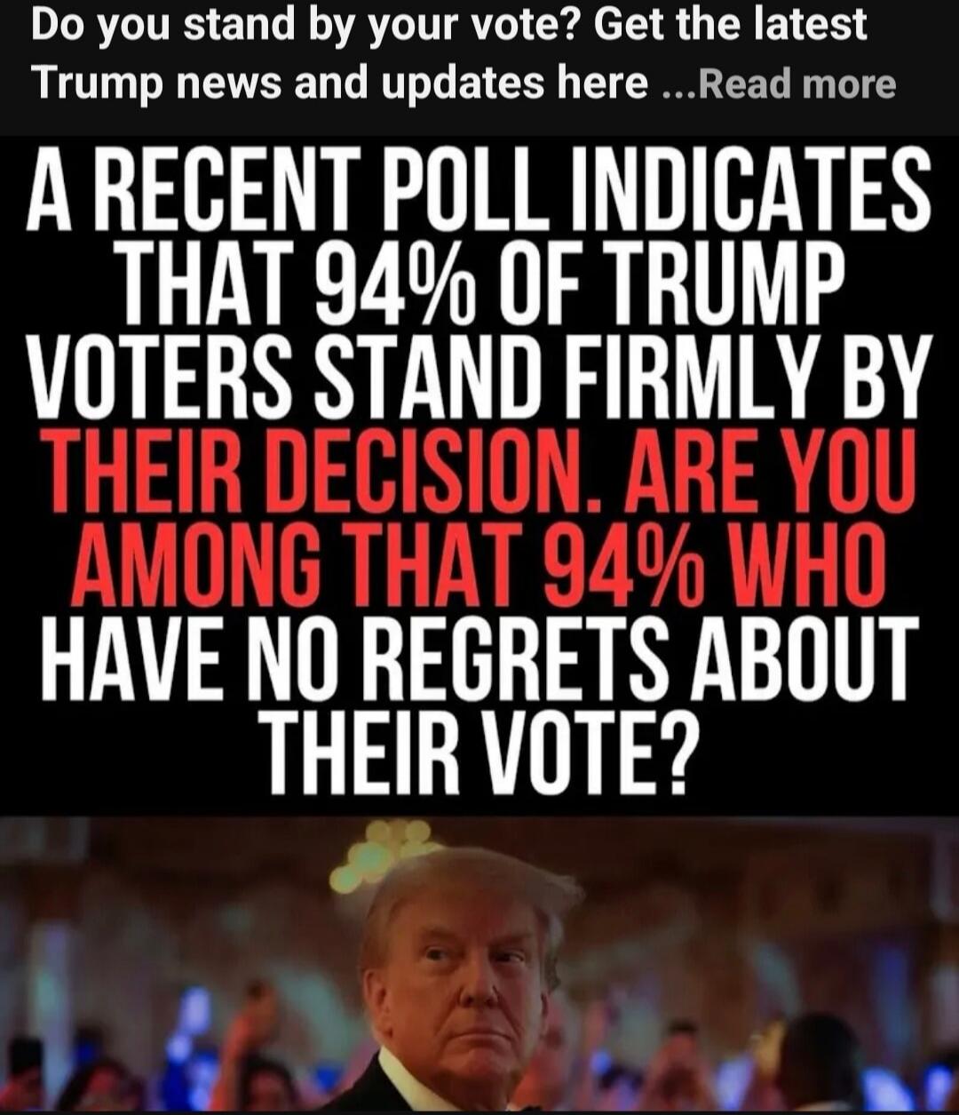 Do you stand by your vote? Get the latest Trump news and updates here ... Read more
A RECENT POLL INDICATES THAT 94% OF TRUMP VOTERS STAND FIRMLY BY THEIR DECISION. ARE YOU AMONG THAT 94% WHO HAVE NO REGRETS ABOUT THEIR VOTE?