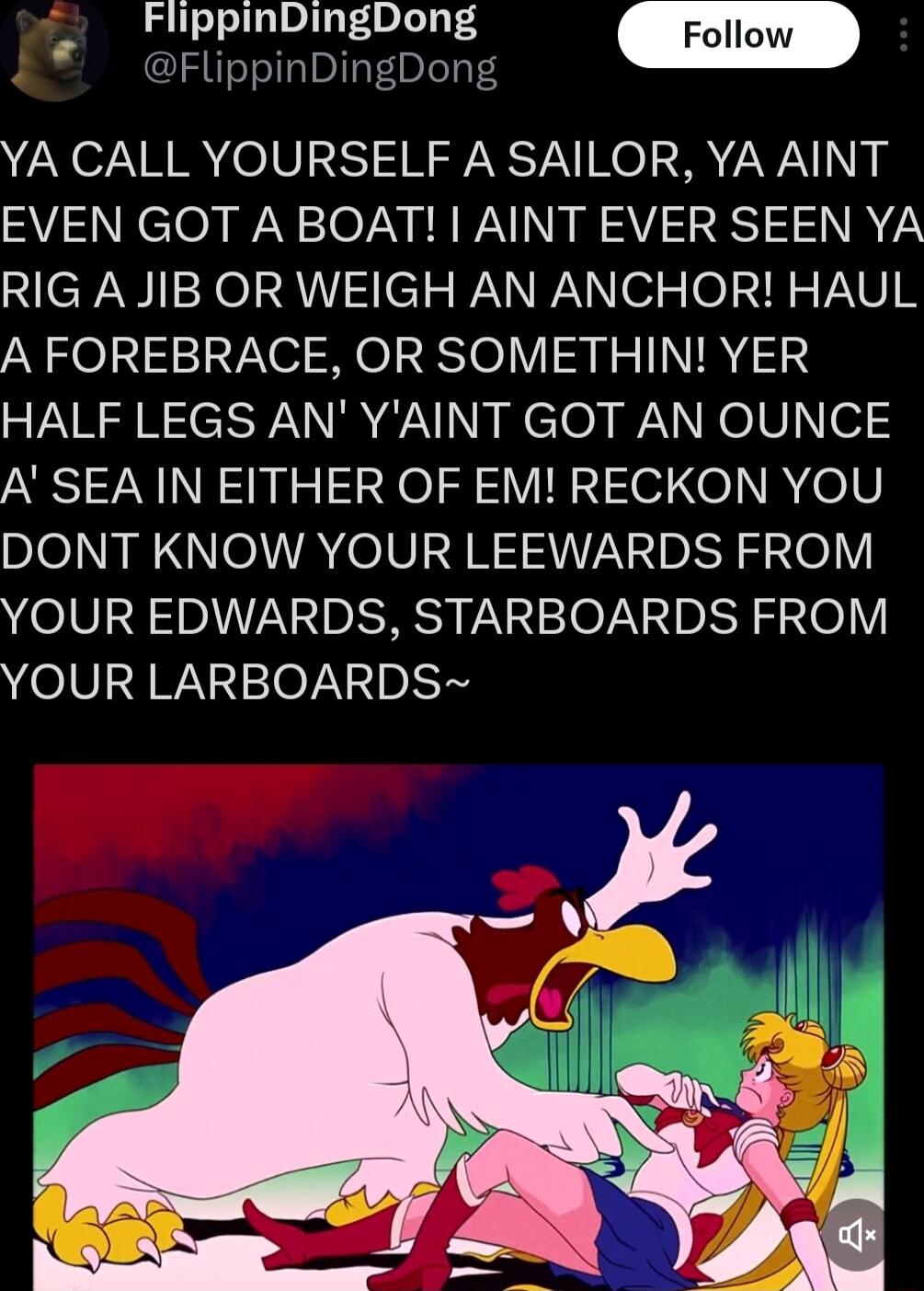 FlippinDingDong FlippinDingDong YA CALL YOURSELF A SAILOR YA AINT 2VReloa Wiy 2y ERWAYI 2V 2 8S 72 RIG A JIB OR WEIGH AN ANCHOR HAUL A FOREBRACE OR SOMETHIN YER HALF LEGS AN YAINT GOT AN OUNCE A SEA IN EITHER OF EM RECKON YOU DONT KNOW YOUR LEEWARDS FROM YOUR EDWARDS STARBOARDS FROM YOUR LARBOARDS