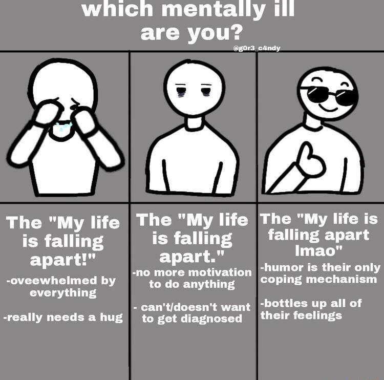 which mentally il ELCRL T s canay The My life The My life The My life is R EUITT S is falling falling apart 1L apart Imao apart s 1 motivation humor is their only oveewhelmed by 40 G0 anything COPINg mechanism rything cantdoesnt want botties up all of really needs a hug to get diagnosed their feelings