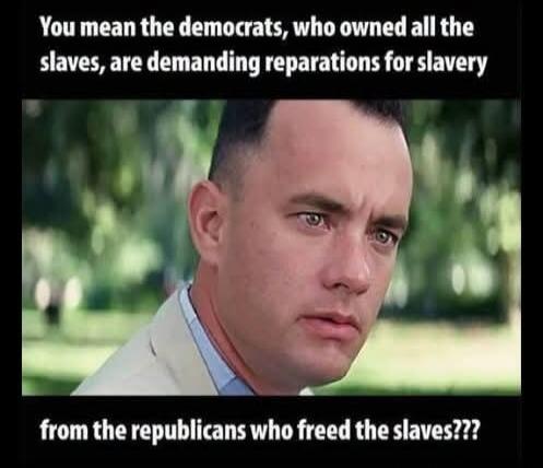 You mean the democrats, who owned all the slaves, are demanding reparations for slavery from the republicans who freed the slaves???