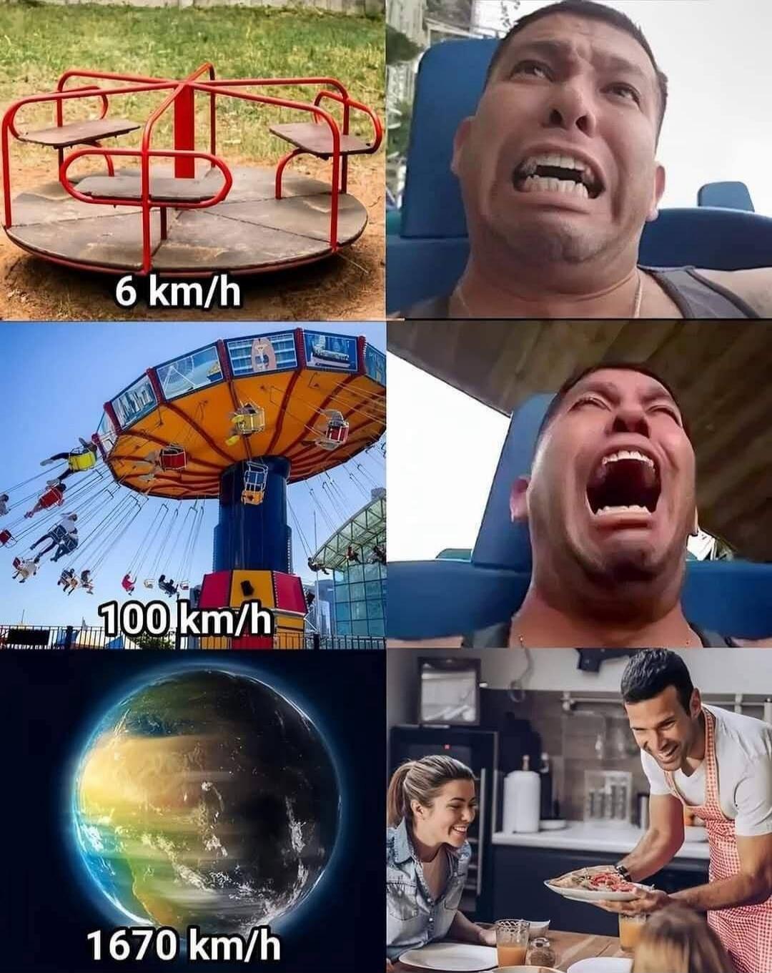 6 km/h, 100 km/h, 1670 km/h. Images show a merry-go-round, a swing ride, the Earth, a man making scared faces on a ride, and a man serving food to a smiling woman.