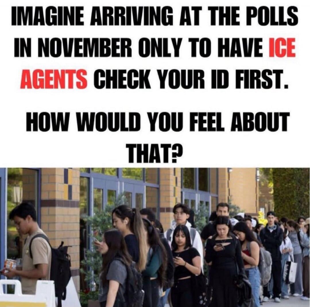 IMAGINE ARRIVING AT THE POLLS IN NOVEMBER ONLY TO HAVE ICE AGENTS CHECK YOUR ID FIRST. HOW WOULD YOU FEEL ABOUT THAT?
