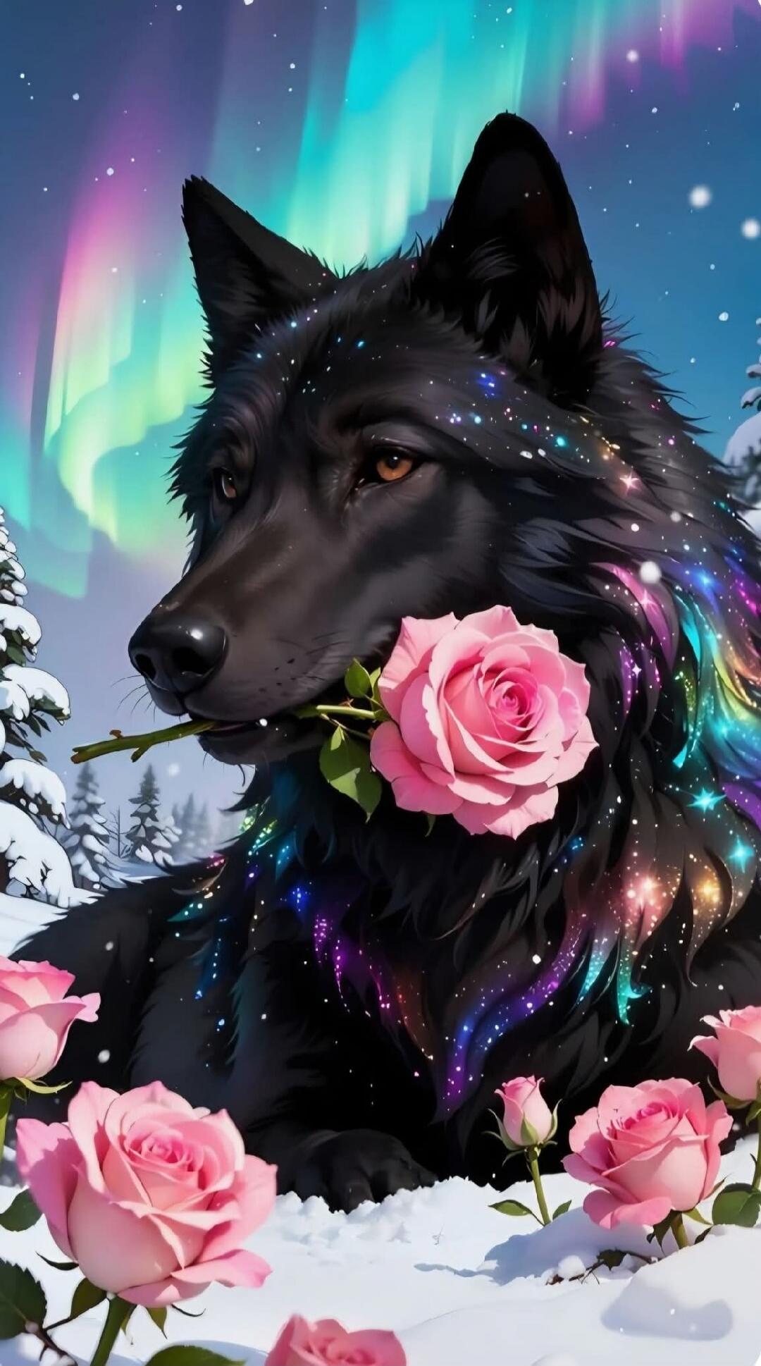 A black wolf with a pink rose in its mouth, set against a backdrop of snow-covered trees and the aurora borealis. The wolf's fur is adorned with sparkling, colorful lights.