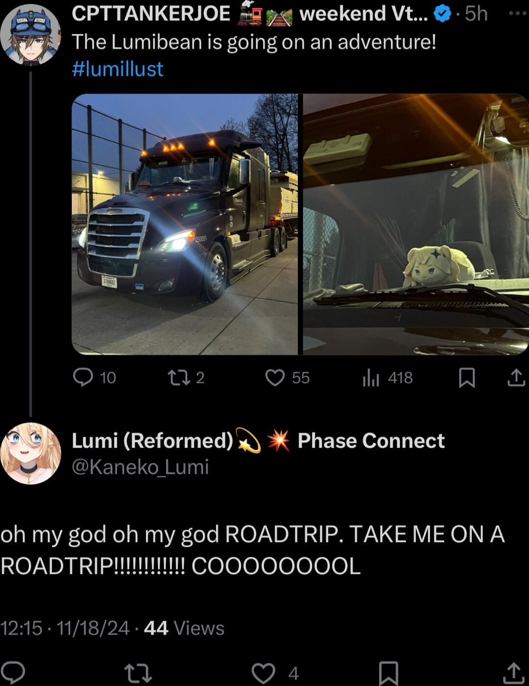 CPTTANKERIJOE y weekend Vt 5h The Lumibean is going on an adventure T lumillust oXU 02 VS hiae Q Lumi Reformed Phase Connect Kaneko Lumi oh my god oh my god ROADTRIP TAKE ME ON A ROADTRIPIIINNII COOO0O0000L PALRRVALTRZE w AV QO n Q4 7