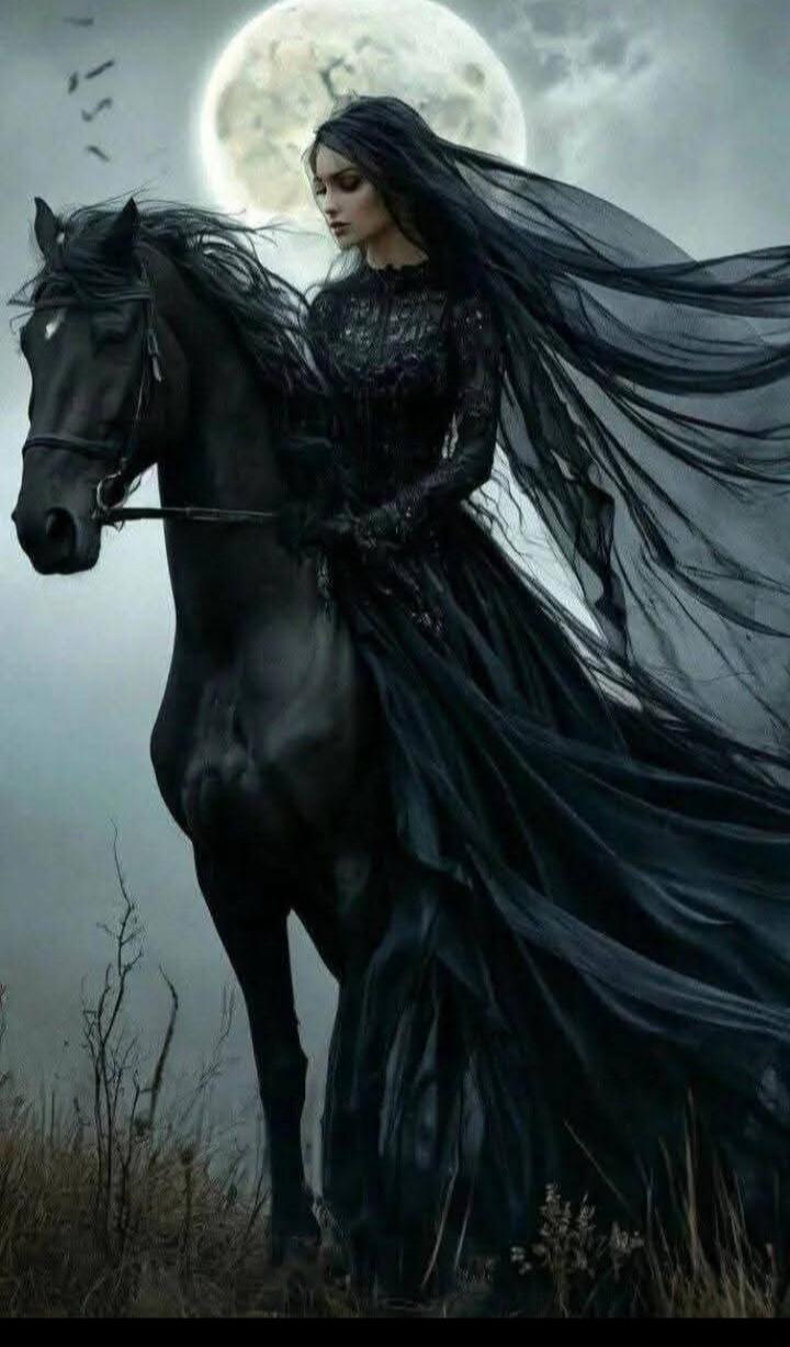 A woman in a black dress riding a black horse under a full moon.