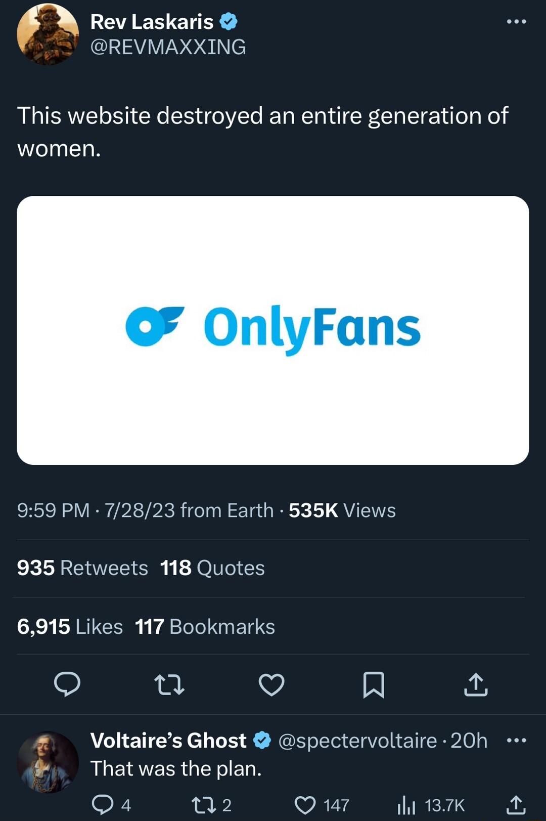 RO ET L REVMAXXING This website destroyed an entire generation of women 959 PM 72823 from Earth 535K Views 935 Retweets 118 Quotes 6915 Likes 117 Bookmarks o 0 V R Voltaires Ghost Thatwas the plan spectervoltaire 20h Qa 132 Q 7 ITRERLS x