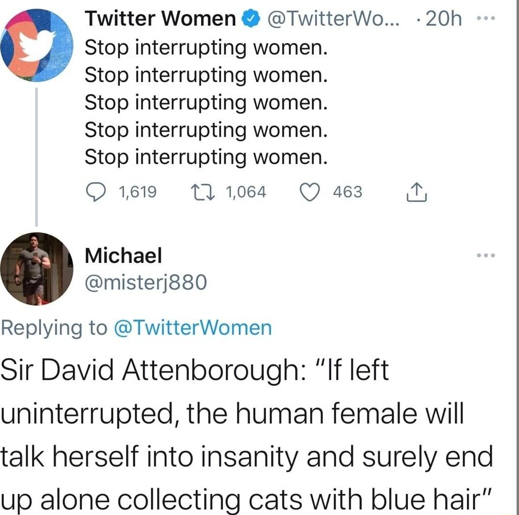 Twitter Women TwitterWo 20h O Stop interrupting women Stop interrupting women Stop interrupting women Stop interrupting women Stop interrupting women O 1619 1 1084 Q 463 Michael misterj880 Replying to TwitterWomen Sir David Attenborough If left uninterrupted the human female will talk herself into insanity and surely end up alone collecting cats with blue hair