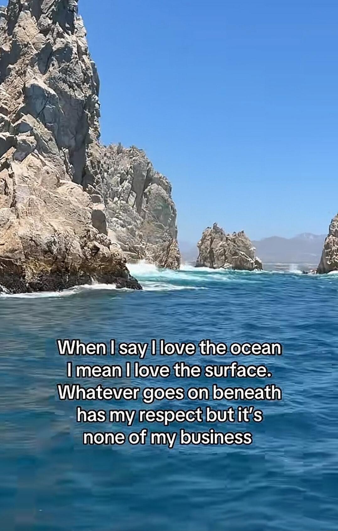 When I say I love the ocean I mean I love the surface. Whatever goes on beneath has my respect but it's none of my business