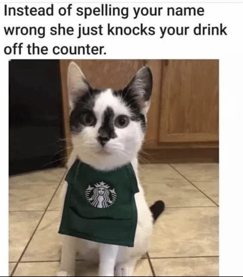 Instead of spelling your name wrong she just knocks your drink off the counter
