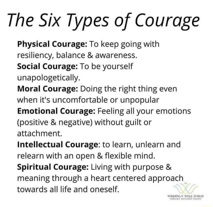 The Six Types of Courage Physical Courage To keep going with resiliency balance awareness Social Courage To be yourself unapologetically Moral Courage Doing the right thing even when its uncomfortable or unpopular Emotional Courage Feeling all your emotions positive negative without guilt or attachment Intellectual Courage to learn unlearn and relearn with an open flexible mind Spiritual Courage L