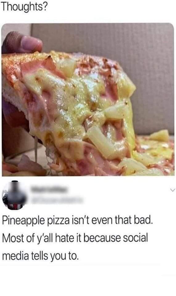 Thoughts Pineapple pizza isnt even that bad Most of yall hate it because social media tells you to