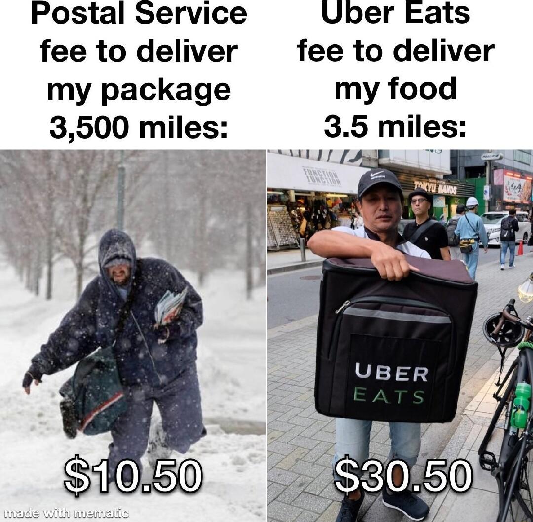 Postal Service Uber Eats fee to deliver fee to deliver my package my food 3500 miles 35 miles LI A e f