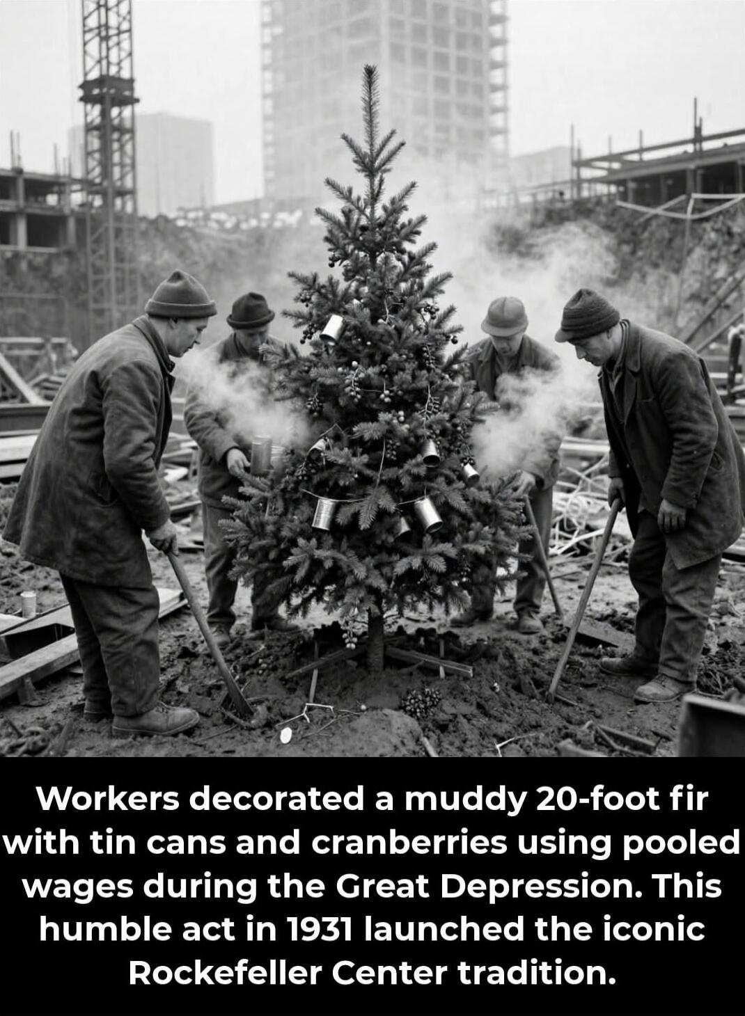 Workers decorated a muddy 20-foot fir with tin cans and cranberries using pooled wages during the Great Depression. This humble act in 1931 launched the iconic Rockefeller Center tradition.