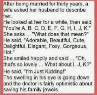 BAfter being married for thirty years a Bwife asked her husband to describe iher llHe looked at her for a while then said Youre ABCDEFG H1 J K iShe asks What does that mean BHe said Adorable Beautiful Cute WDelightful Elegant Foxy Gorgeous Hot She smiled happily and said Oh ithats so lovely What about J K He said Im Just Kidding The swelling in his eye is going down and the doctor Is fairly optimi