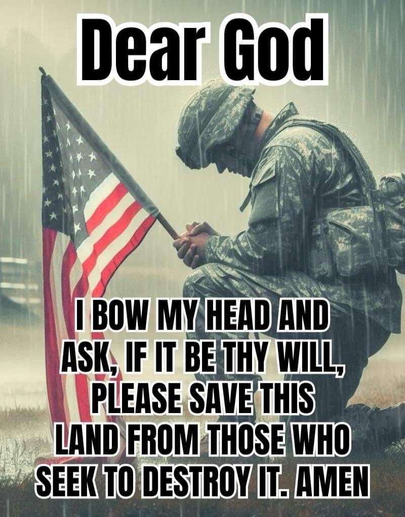 Dear God I BOW MY HEAD AND ASK, IF IT BE THY WILL, PLEASE SAVE THIS LAND FROM THOSE WHO SEEK TO DESTROY IT. AMEN