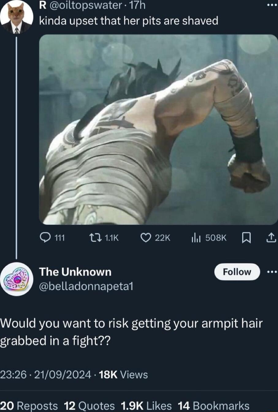 R oiltopswater 17h kinda upset that her pits are shaved N hu On ik Q2K asosk LGV R GLEIELNLERE Y Would you want to risk getting your armpit hair grabbed in a fight 2326 21092024 18K Views 20 Reposts 12 Quotes 19K Likes 14 Bookmarks