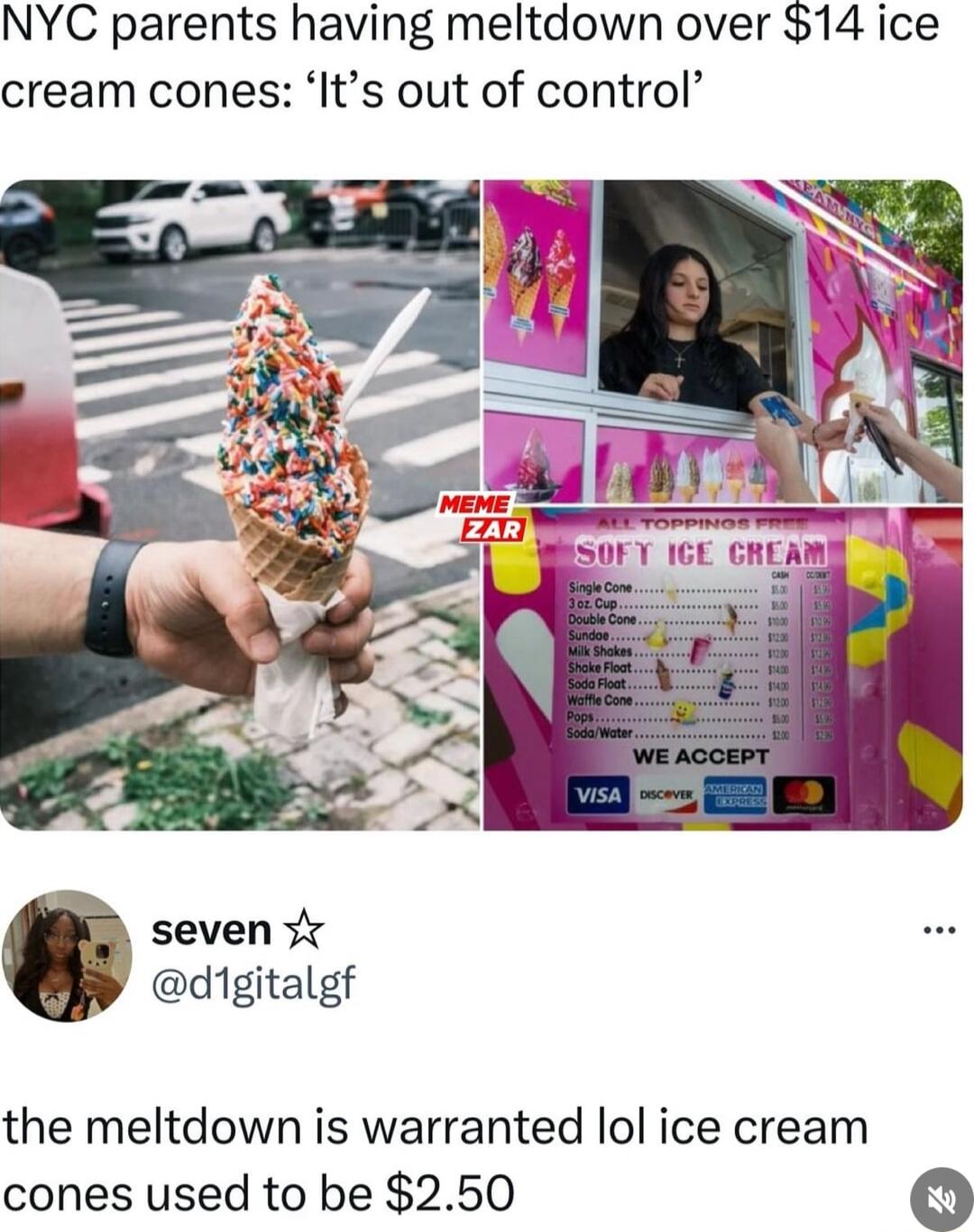NYC parents having meltdown over 14 ice cream cones Its out of control seven r digitalgf the meltdown is warranted lol ice cream cones used to be 250