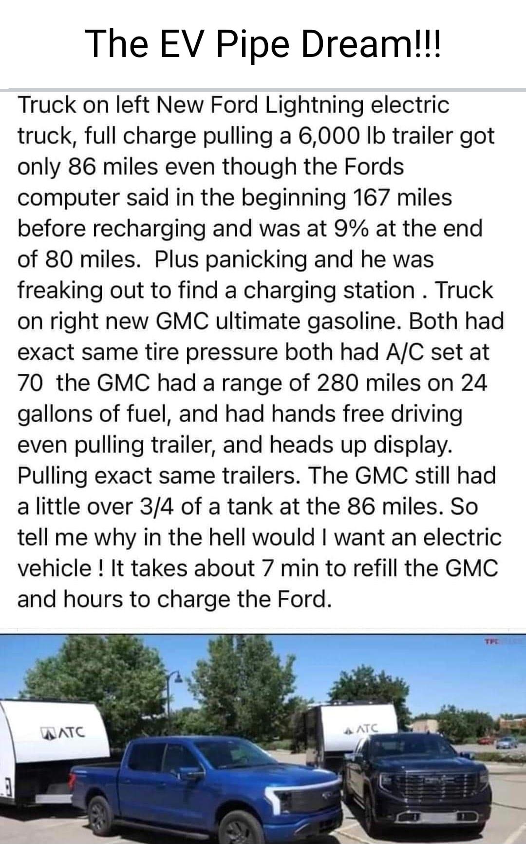 The EV Pipe Dream Truck on left New Ford Lightning electric truck full charge pulling a 6000 Ib trailer got only 86 miles even though the Fords computer said in the beginning 167 miles before recharging and was at 9 at the end of 80 miles Plus panicking and he was freaking out to find a charging station Truck on right new GMC ultimate gasoline Both had exact same tire pressure both had AC set at 7