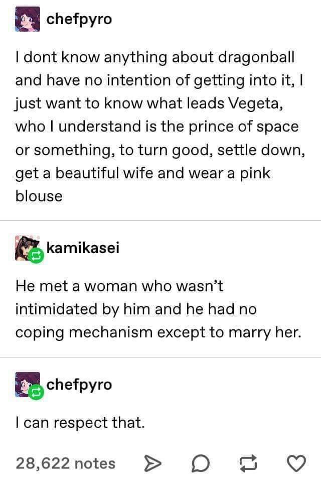 m chefpyro dont know anything about dragonball and have no intention of getting into it just want to know what leads Vegeta who understand is the prince of space or something to turn good settle down get a beautiful wife and wear a pink blouse akamikasei He met a woman who wasnt intimidated by him and he had no coping mechanism except to marry her a chefpyro can respect that 28622notes D Q
