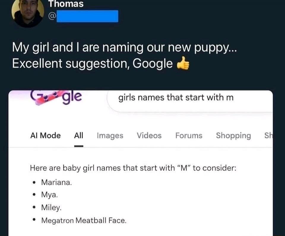 Thomas My girl and I are naming our new puppy... Excellent suggestion, Google 👍 girls names that start with m AI Mode All Images Videos Forums Shopping Here are baby girl names that start with 