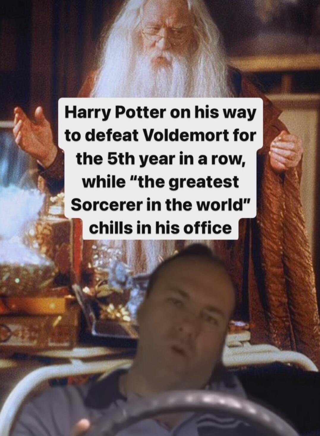 Harry Potter on his way to defeat Voldemort for the 5th year in arow while the greatest Sorcerer in the world